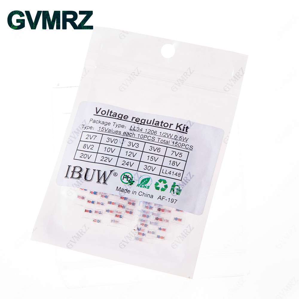 15มูลค่า *10pcs = 150pcs LL34 SMD Zener Diode Assorted Kit 0.5W 2.7V-30V และ LL4148 2.7V 3.3V 7.5V 8