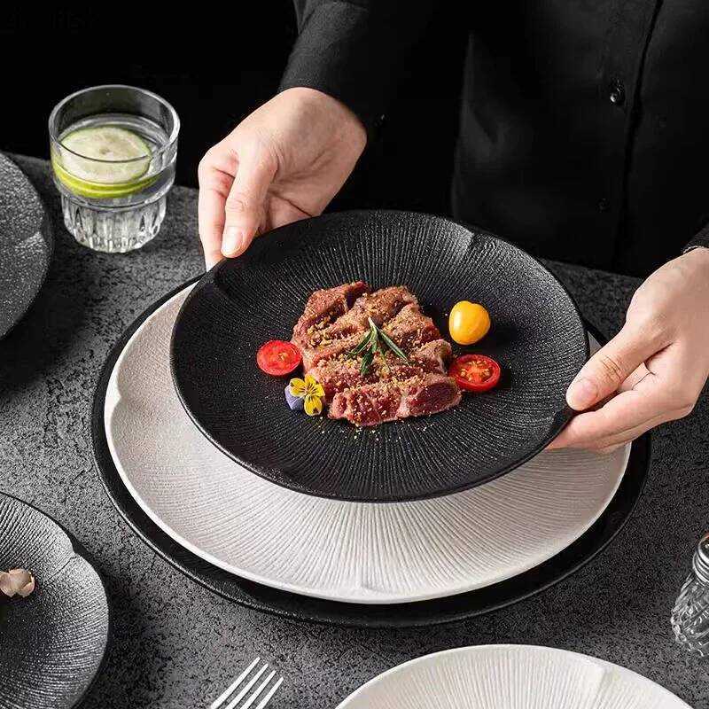 C Ceramic Plate Steak Plate Pasta Dish Serving Plate Dessert Sushi Dish Matte Striped Shallow Plate