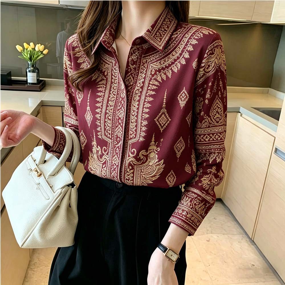เสื้อเชิ้ตแขนยาวผู้หญิงอินเทรนด์, เสื้อยืดพิมพ์ลาย Aztec วินเทจ, Relaxed Fit Breathable Daily Top