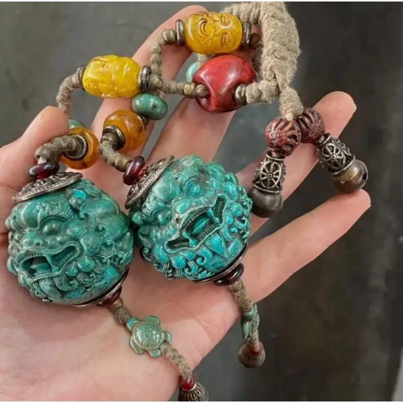 Xizang Old Jade Lion Stone Prajna Heart Sutra Ball Inlaid with Gems