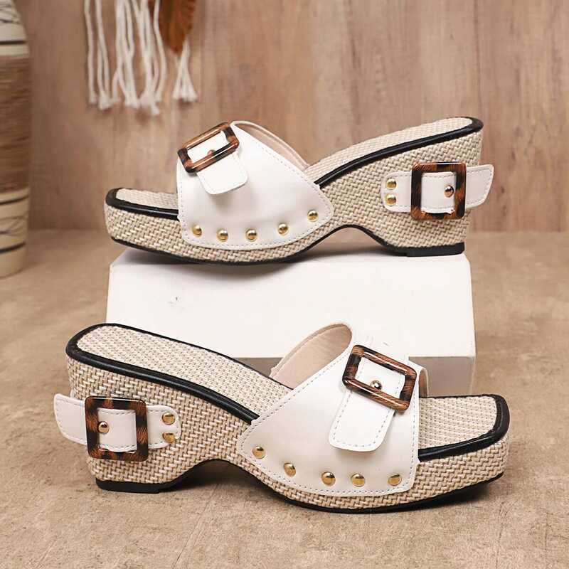 C Summer 2025 New Women's Sandals Fashion Wedge Heels High Heels Studd Metal Buckle Embellished Cas
