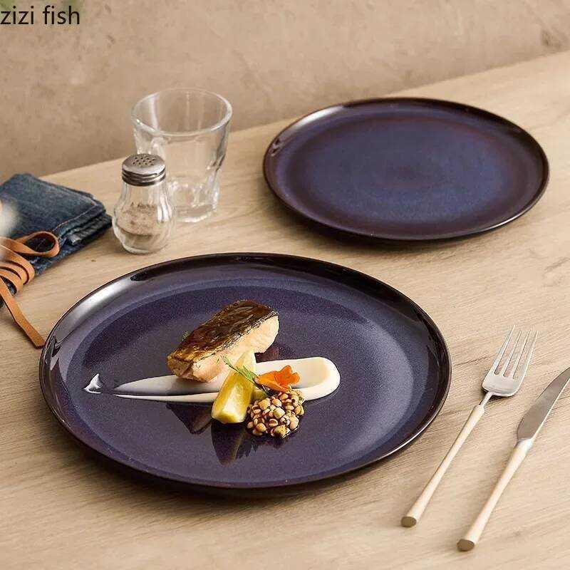 C Kiln Changes Blue Ceramic Flat Plate Creative Steak Plate Dessert Dish Sushi Plate Breakfast Plat