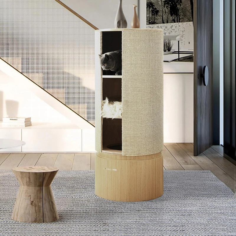Cat Tree Combo: Wood Wicker Barrel Cat Climbing Frame with Large Tree Hole and Multi-functional Cat