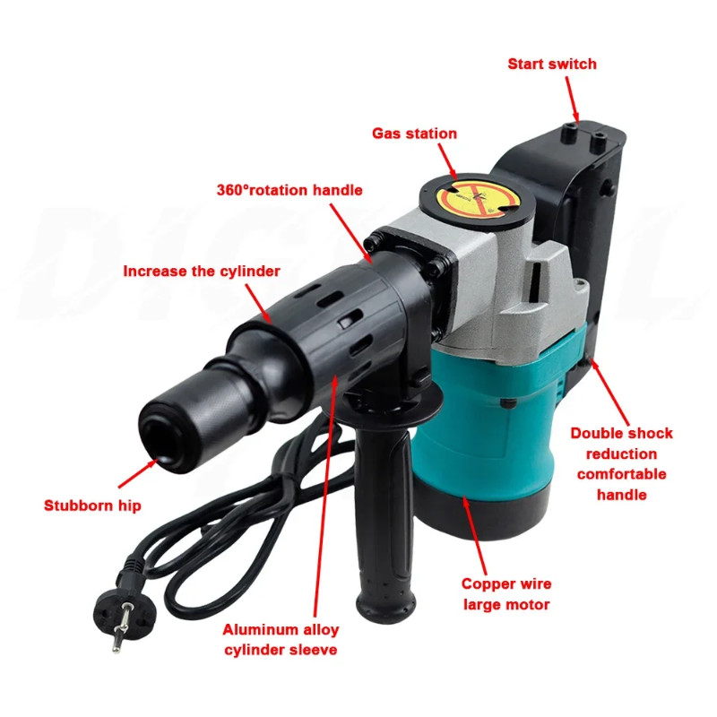 1200W Electric Hammer Drill Heavy Duty Rotary Drill Swivel Demolition Hammer 1500RPM Industrial Gra