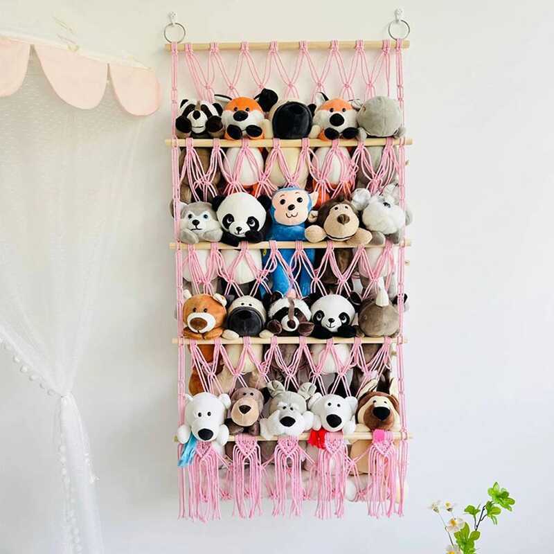 C Stuffed Animal Storage Woven Net Bohemian Toy Shelf For Stuffed Animals 4 Tier Mock Wall Stuffed