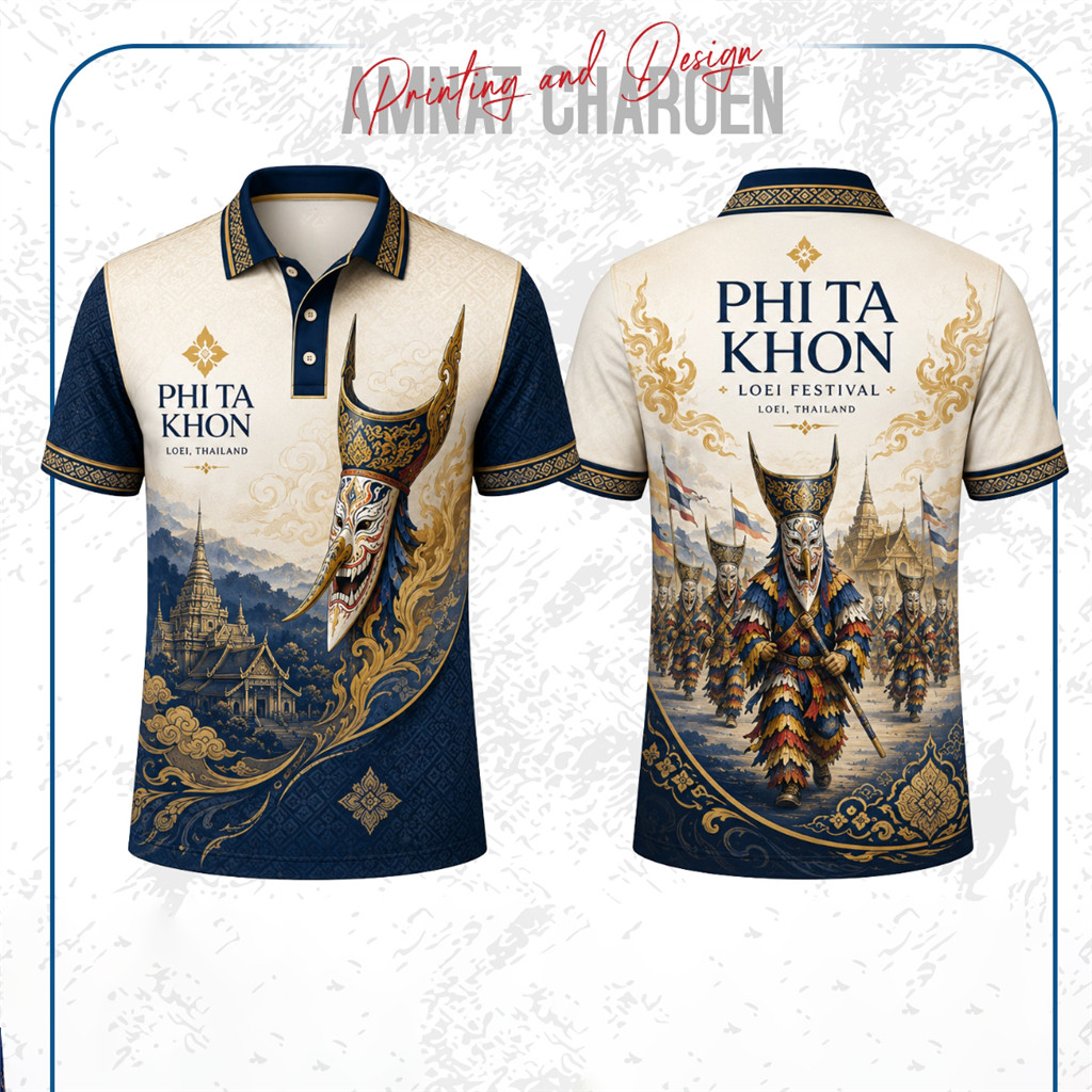 เสื้อโปโลผีตาโขนสีคราม-ครีม ลายประเพณีไทยดั้งเดิม