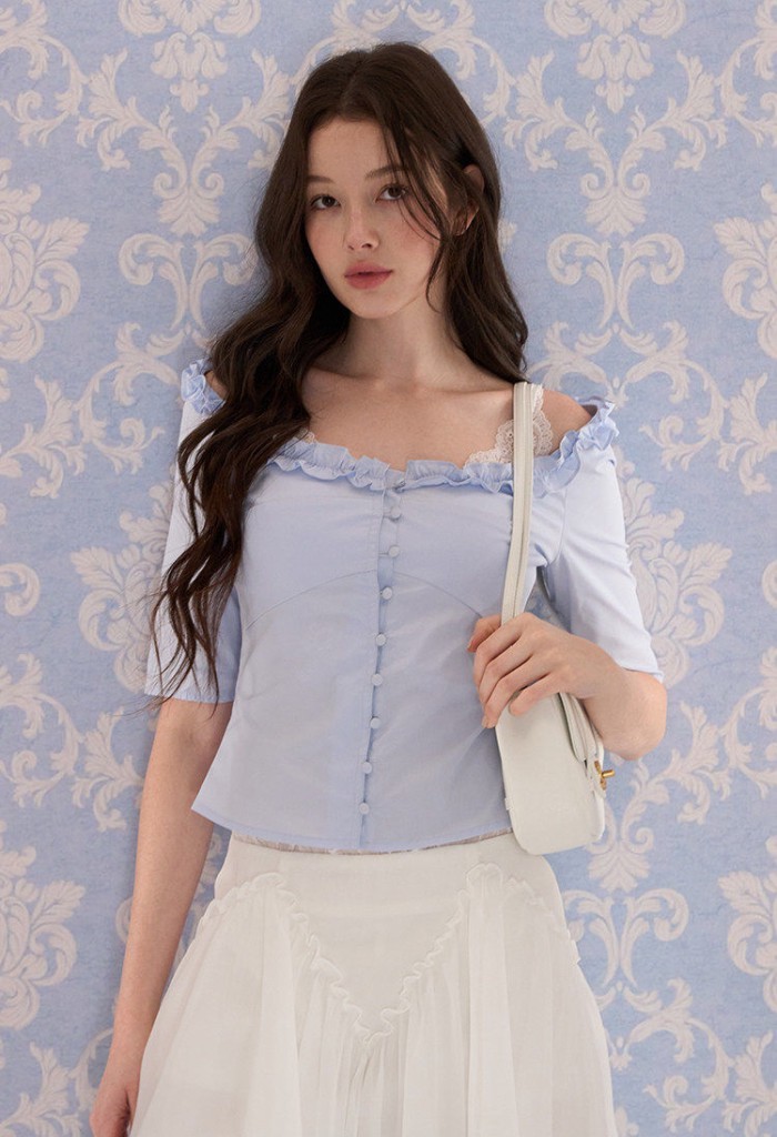 เสื้อเชิ้ตไหล่ขอบเชื้อราแคบสไตล์พระราชวังผู้หญิง