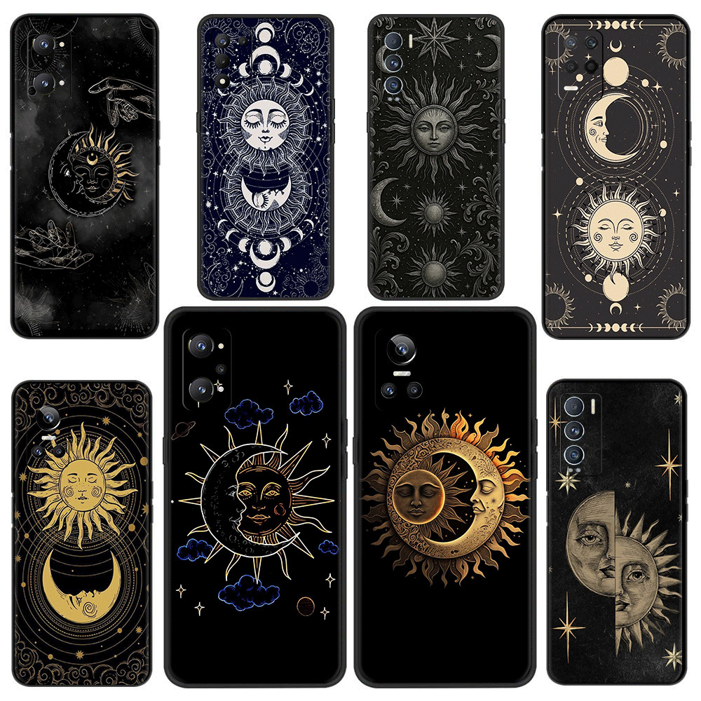 สําหรับRealme 8S 8i 9i 9 10 Pro Plus 12 12X TPUสีดําเคสโทรศัพท์แบบนุ่มฝาครอบป้องกันSun Moon Designรู