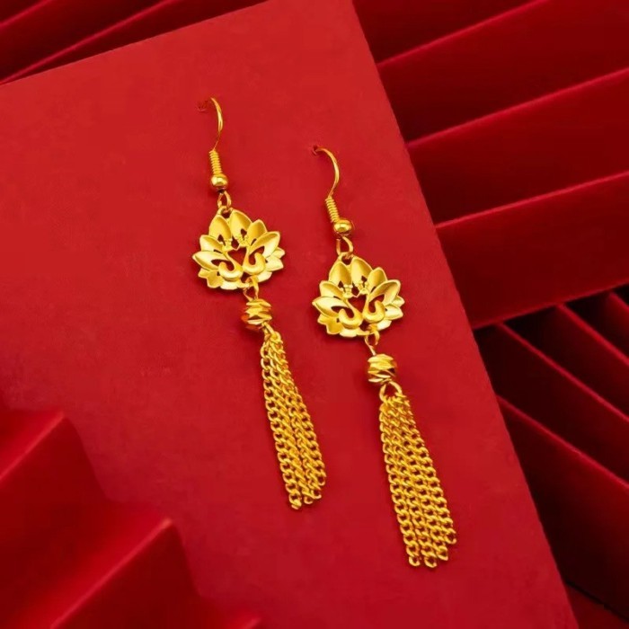 High Quality Gold  Womens 24K Earrings Wedding Peacock Tassel AU999 Pure Gold Earrings Luxury Quali