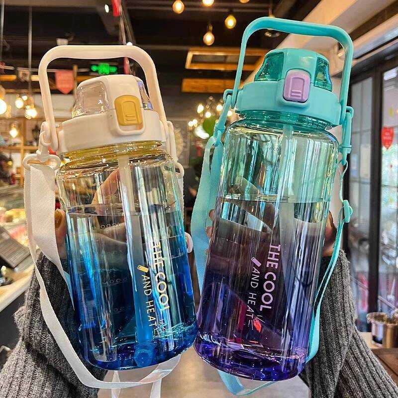C 1.5/2 Liter Water Bottle Portable Plastic Sports Bottle With Straw Strap Large Tumbler Gym Travel