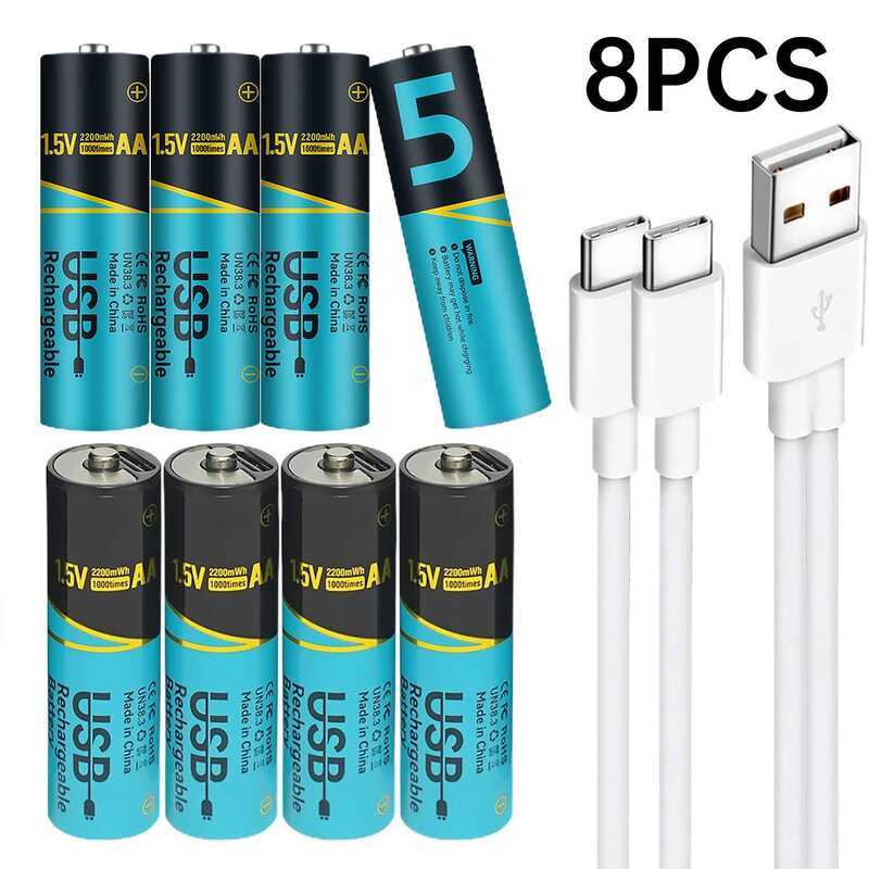 C Skywolfeye 8Pcs Usb Type C AA Rechargeable Battery Fast Charging 1.5V 2200 Mwh Powerful Batteries