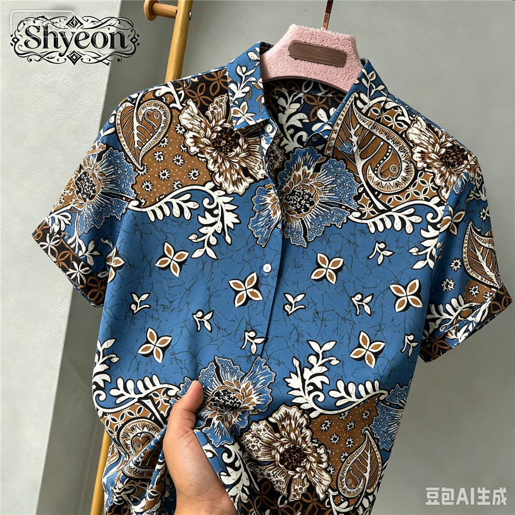 เสื้อเชิ้ตแขนสั้นผู้ชายสีฟ้า เพสลีย์ พิมพ์ลายดอกไม้ลําลองด้านบน