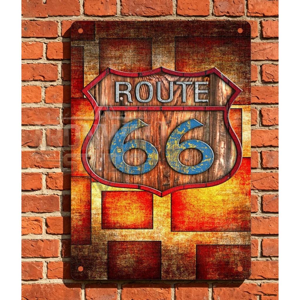 ไม้ชนบท Grain Route 66 Shield ป้ายโลหะ Distressed Red Border พร้อมตัวเลขสีฟ้า - Vintage Americana Ga