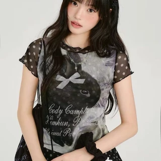 American Retro Hot Girl Gauze พิมพ์เสื้อยืดแขนสั้นผู้หญิงฤดูร้อนสไตล์ใหม่ Polka Dot Slim-Fit Top