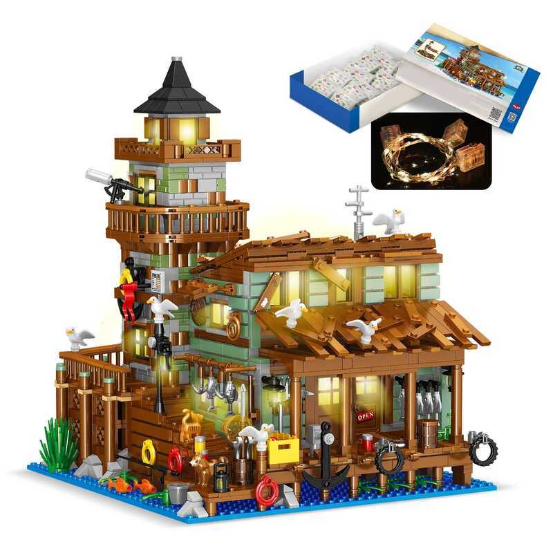 C 1881Pcs Creative Fishing Village Cabin Building Bloc Seaport Wood House Assemble Micro Bric Toys