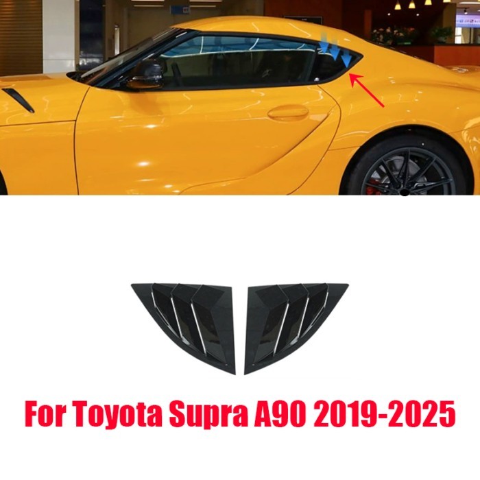 The triangular louver window frame behind the car window is bright black For Toyota Supra A90 2019
