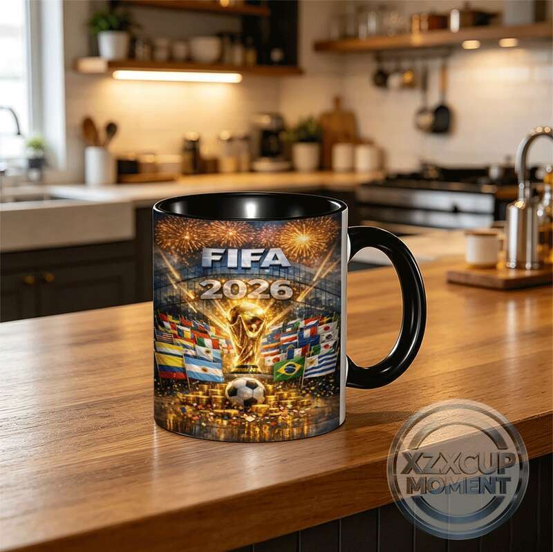FOOTBALL 2026 Global Celebration Mug Golden Trophy with Fireworks & International Flags - ถ้วยธีมเทศ