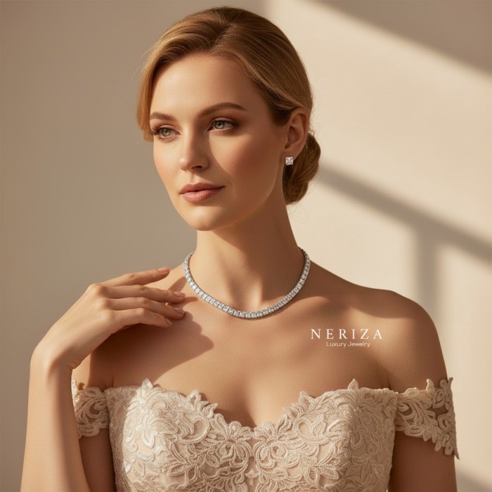 Neriza Jewelry/ชุดเครื่องประดับเพชรสังเคราะห์ สร้อยคอพร้อมต่างหูเพชรรอบคอ เครื่องระดับเจ้าสาว NSW06