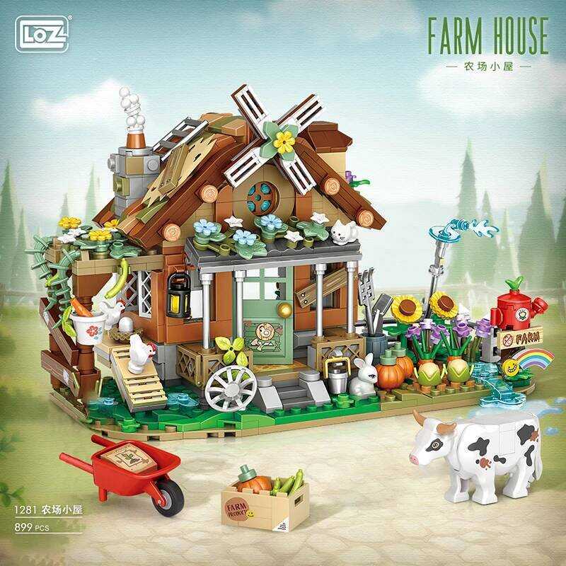 C LOZ Creative Windmill Farm House Animal Homeland Building Block Moc Farm Cabin Garden Cart Cow To