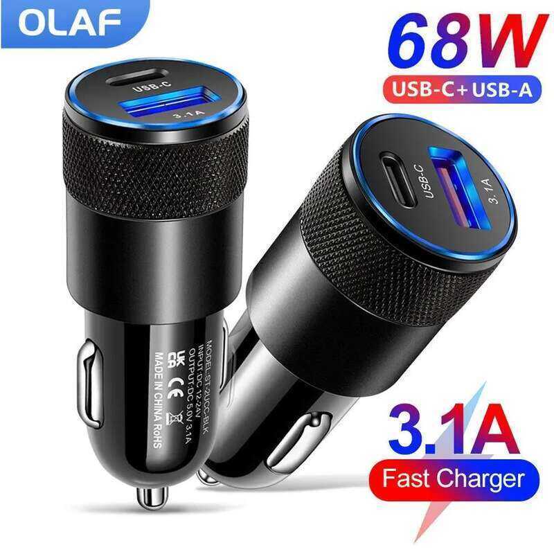 Olaf USB Type C Car Fast Charger Adapter Quick Charge 3.0 68W PD iPhone 13 12 ผลิตภัณฑ์โทรศัพท์ S21G