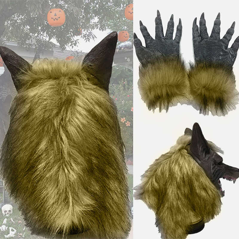 C Halloween Wolf Head Face Werewolf Claw Gloves Cosplay Costume Horror Props