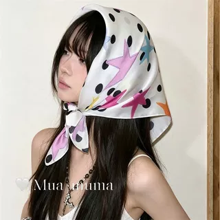 แฟชั่นที่ไม่ซ้ํากัน ins สไตล์ฤดูใบไม้ผลิฤดูร้อน Star Headscarf หญิง High-End Sense ผ้าพันคอ All-Match ผ้าพันคอสแควร์ 68 ซม.ผ้าพันคอ