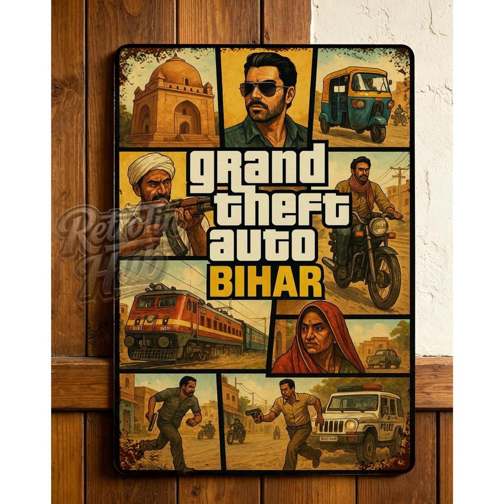 Grand Theft Bihar ล้อเลียนป้ายโลหะอินเดีย Street Culture Collage พร้อม Auto Rickshaw, Train & Police