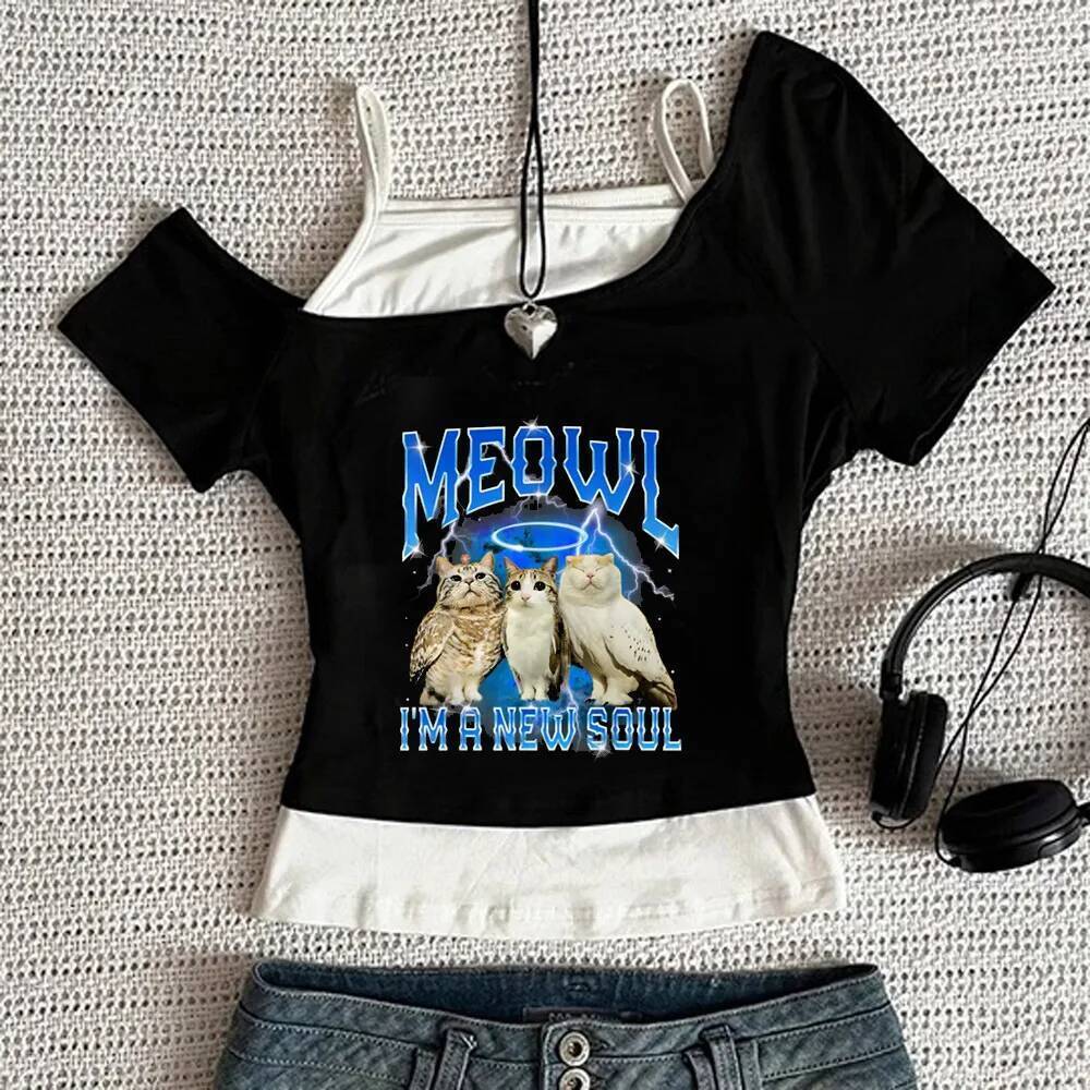 Meowl เสื้อครอปสาวมังงะญี่ปุ่น meme Dollette clearance Top tees dollette grunge ฤดูร้อนอะนิเมะ goth