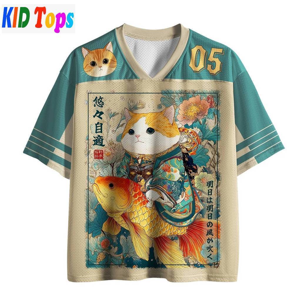 Lucky Cat Koi Fish 3D เสื้อยืดคอวี Retro ญี่ปุ่นความงามขนาดใหญ่เสื้อยืดเด็ก Streetwear Tops