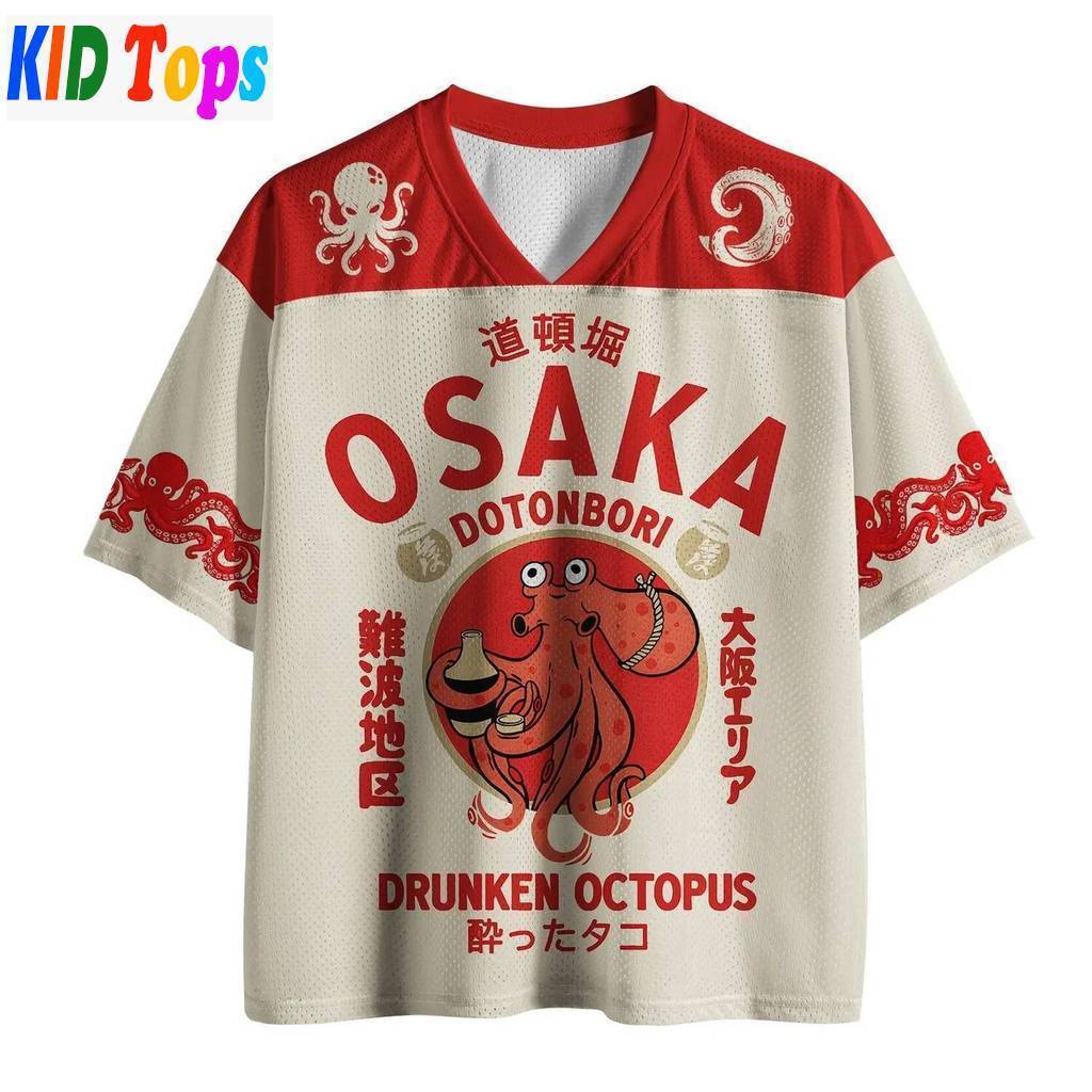 Unisex 3D เด็กโอซาก้า Dotonbori Drunken Octopus เสื้อยืด Retro V คอสั้นแขนสั้น Harajuku Street สวมใส่เสื้อยืดขนาดใหญ่