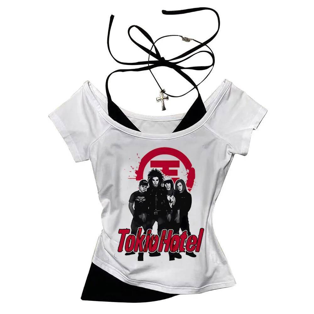 Tokio Hotel crop Top 2000s Slim Fit น่ารัก coquette y2k cropped Grunge 2025 gyaru girls Top