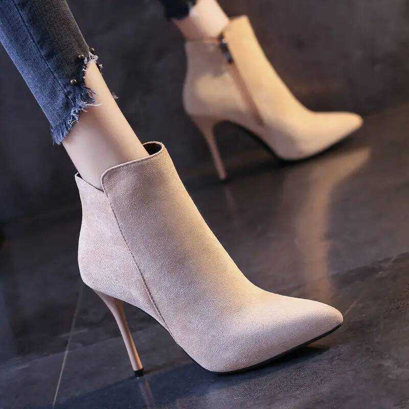 C Short Shoes For Woman Women's Ankle Boots Very High Heels Footwear Pointed Toe Pink Suede Booties