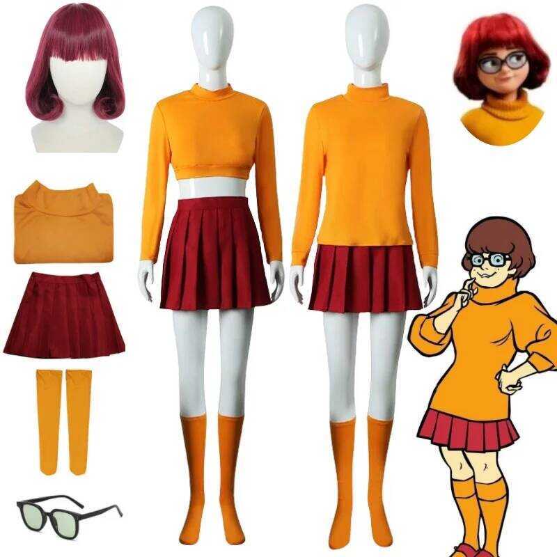 C Anime Velma Seragam Cosplay Kostum Orange Short Skirt Uniform Wanita Oranye Kaus Kaki Rok Atas Ha