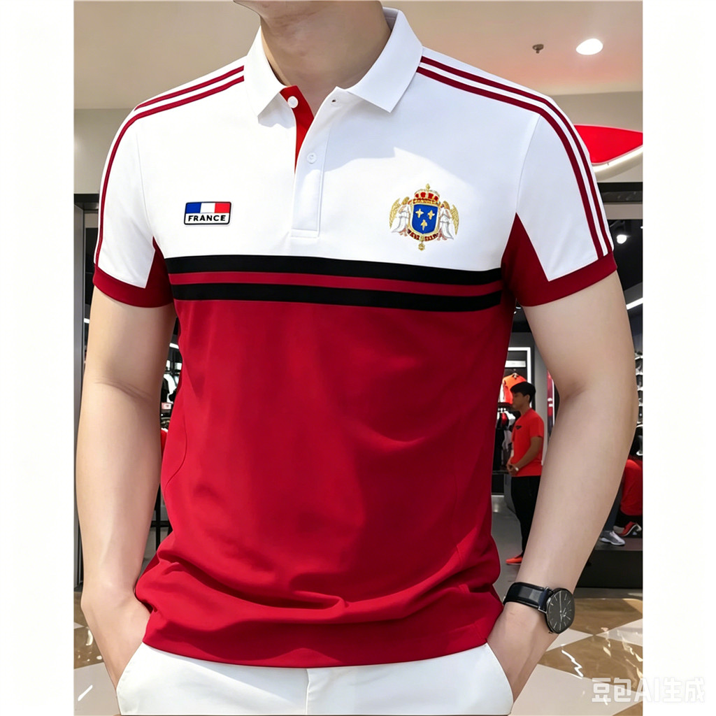 เสื้อโปโลบล็อกสีขาวและสีแดงสําหรับผู้ชายพร้อมสไตล์ France Flag & Crest Heritage