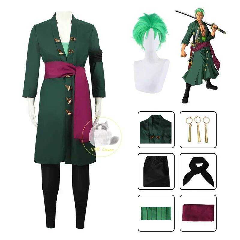 C Anime Roronoa Zoro Cosplay Kostuum Uniform Groene Jas Riem Broek Hoofddoek Roronoa Zoro Pruik Oor