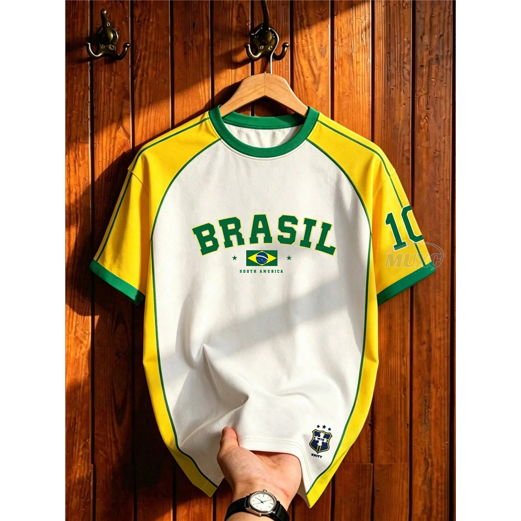 ฟรีชื่อที่กําหนดเอง&ตัวเลขAesthetic Post Vintage Brazil Football T-Shirt, American BRASIL 10 Number Print, Mens Graphic T-Shirt, Womens Graphic T-Shirt, Mens Fashion Sports Tops