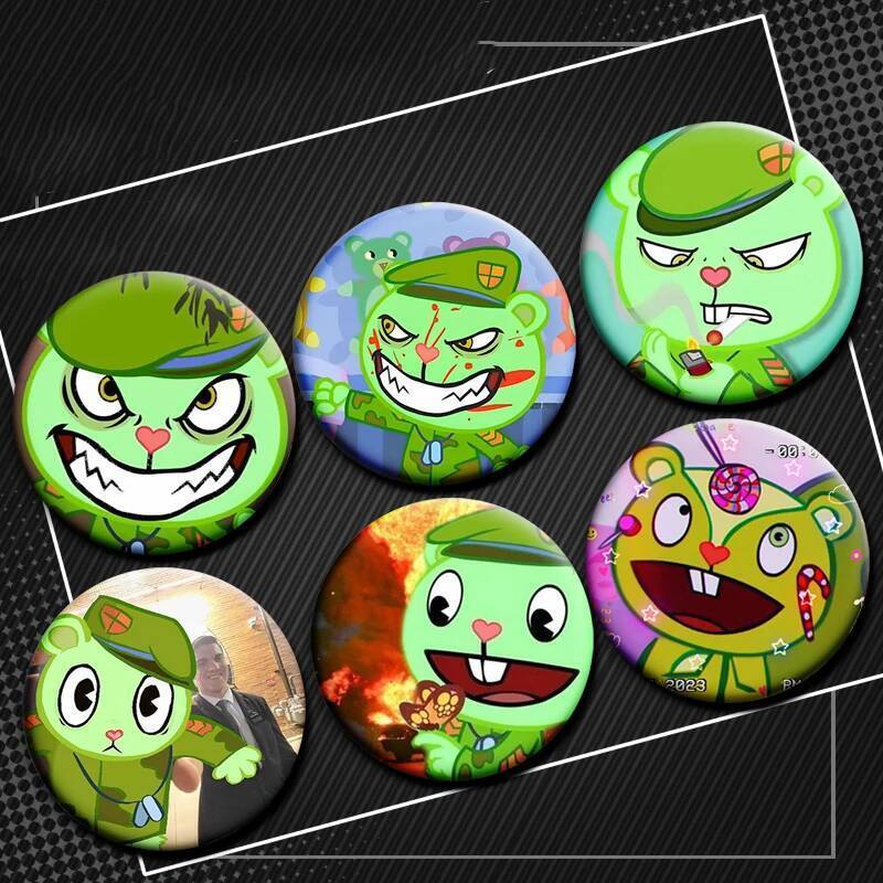 32/50/58 มม.ป้ายอะนิเมะ Happy Tree Friends ปุ่มนุ่ม Pin การ์ตูน Flakey Flippy Creative เข็มกลัดสําหรับกระเป๋าเป้สะพายหลังเสื้อผ้า Decor