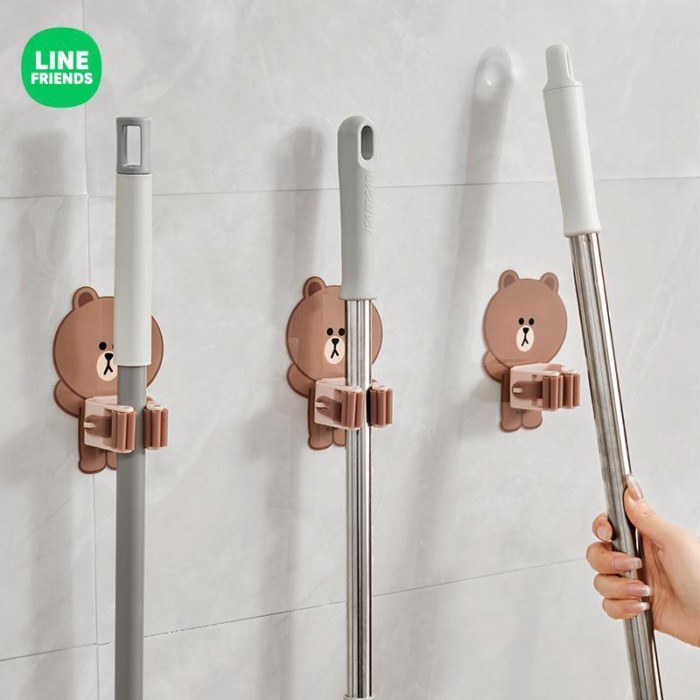 LINE FRIENDS Mop Wall Clip Hook เจาะฟรี Strong ลาย้เหนียวห้องน้ําห้องน้ํา Wall Broom Hanger
