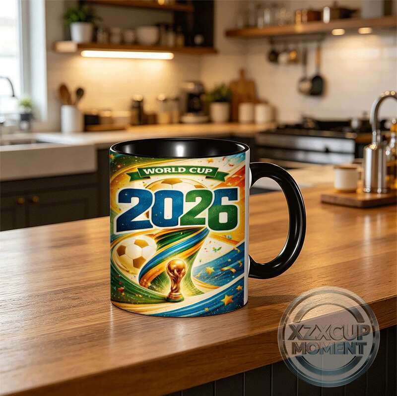 2026 World Graphic Mug Colourful Abstract Design with "2026" Text & Soccer Ball Icons - Global Event