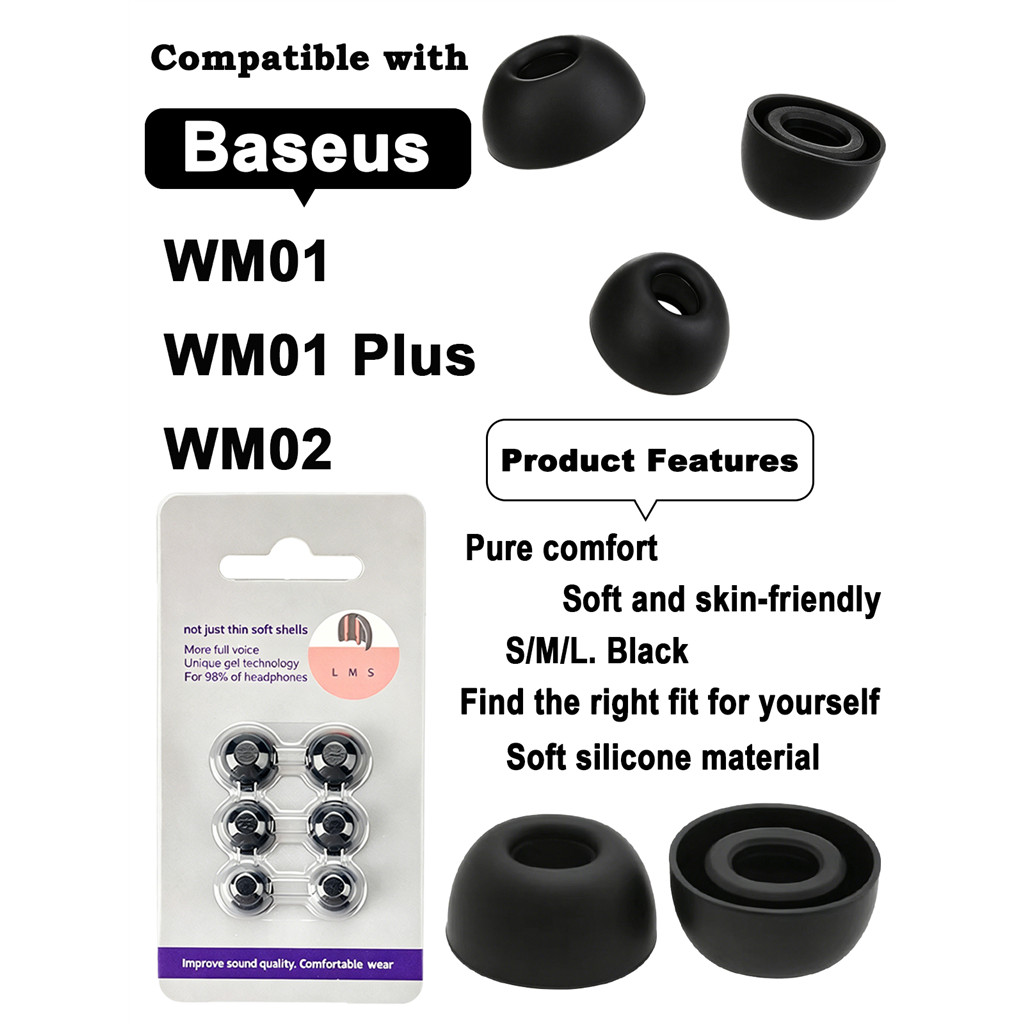 6 ชิ้นซิลิโคนหูเคล็ดลับใช้งานร่วมกับ Baseus WM01 / WM01 Plus / WM02 หูฟังชนิดใส่ในหูหูฟังแบบนุ่มครอบคลุม S/M/L