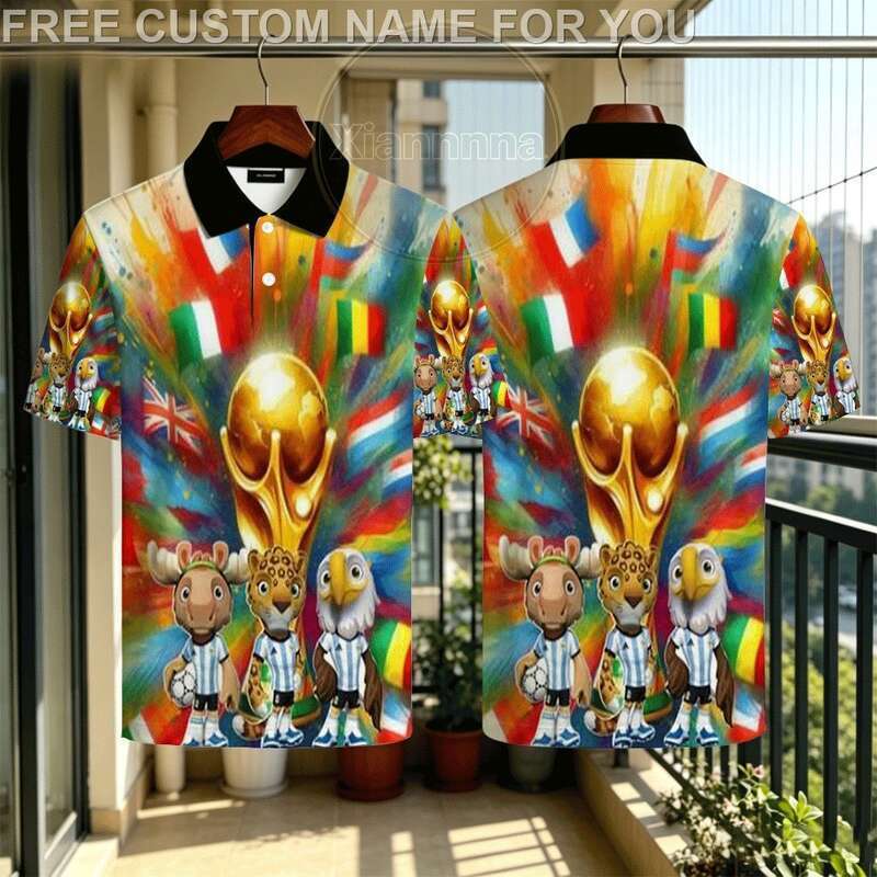 ฟุตบอล United 2026 Mascots Rainbow Splash เสื้อโปโล - Vibrant Eagle, Moose Jaguar Character Golden T