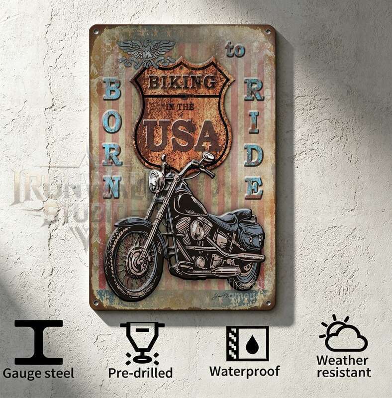 Born To Ride Biking In The USA รถจักรยานยนต์ป้ายโลหะที่กําหนดเองฟรีออกแบบสําหรับโรงรถ Man Cave Biker