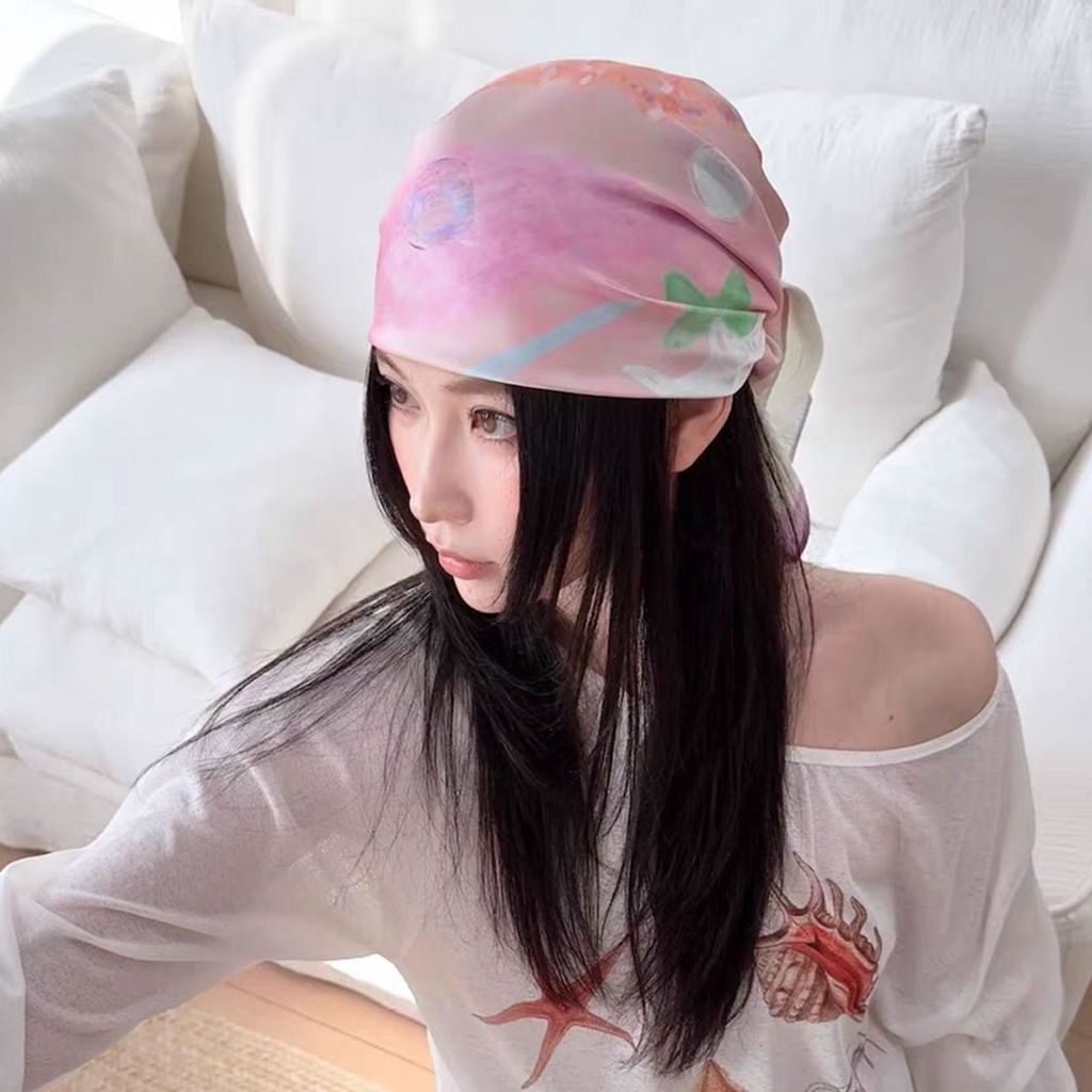 สไตล์เกาหลี Niche Conch Star สีชมพู Dreamy Smudge Square ผ้าพันคอ Girly Headscarf Sweet Cool สไตล์ฤดูใบไม้ผลิฤดูร้อน Headdress ผ้าพันคอ