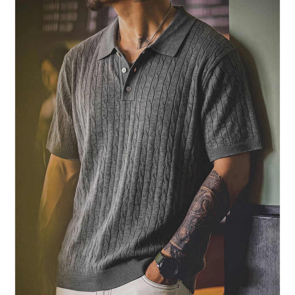 Wuluwear American Retro เสื้อโปโลถักผู้ชาย Lyocell Blend สไตล์บาง Breathable หลวมสีทึบ Commuter แขนสั้นด้านบน
