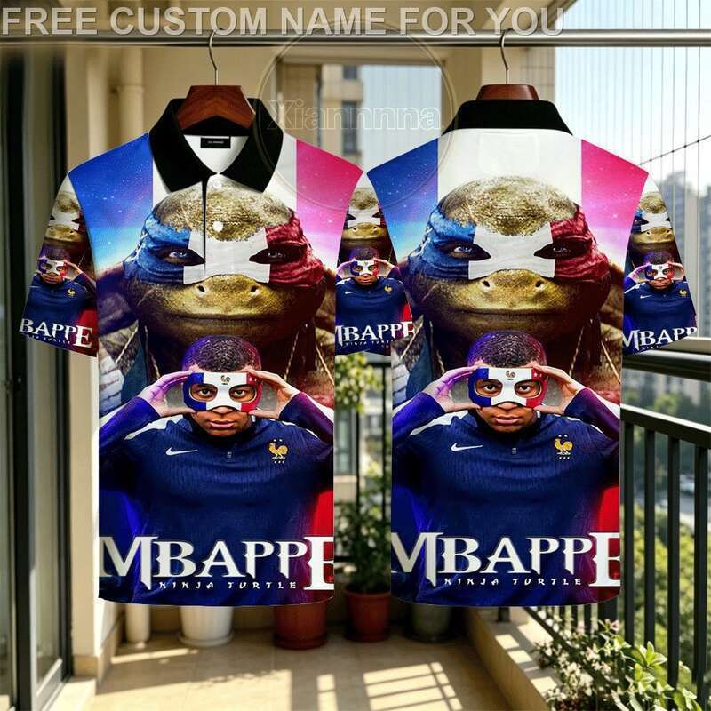 Mbappe Ninja Turtle France Polo Shirt - Fun Mashup of French Flag Mask & Blue Jersey ตัวอักษร MBAPPE