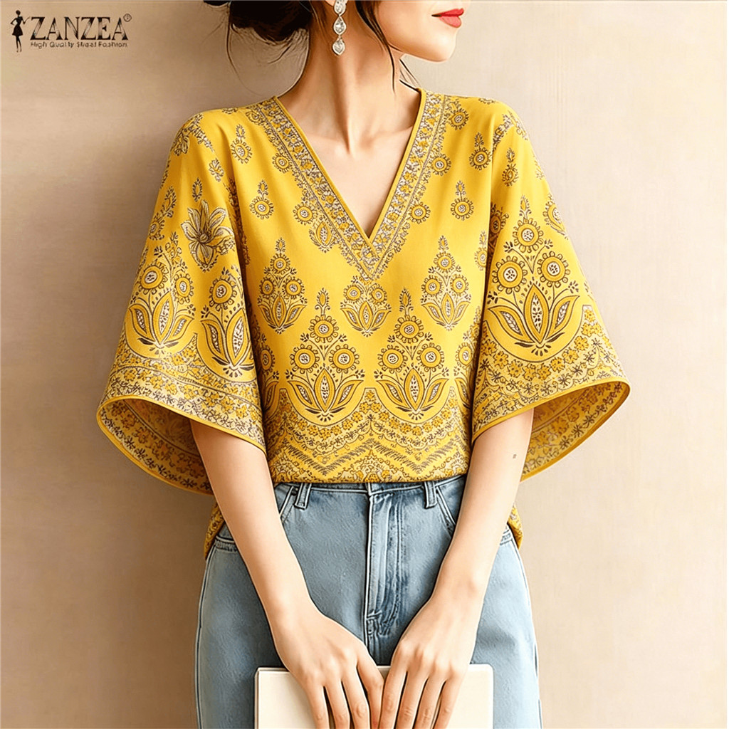 ผู้หญิงสีเหลืองชาติพันธุ์ Paisley พิมพ์เสื้อ V คอ Batwing แขน Boho Casual Top