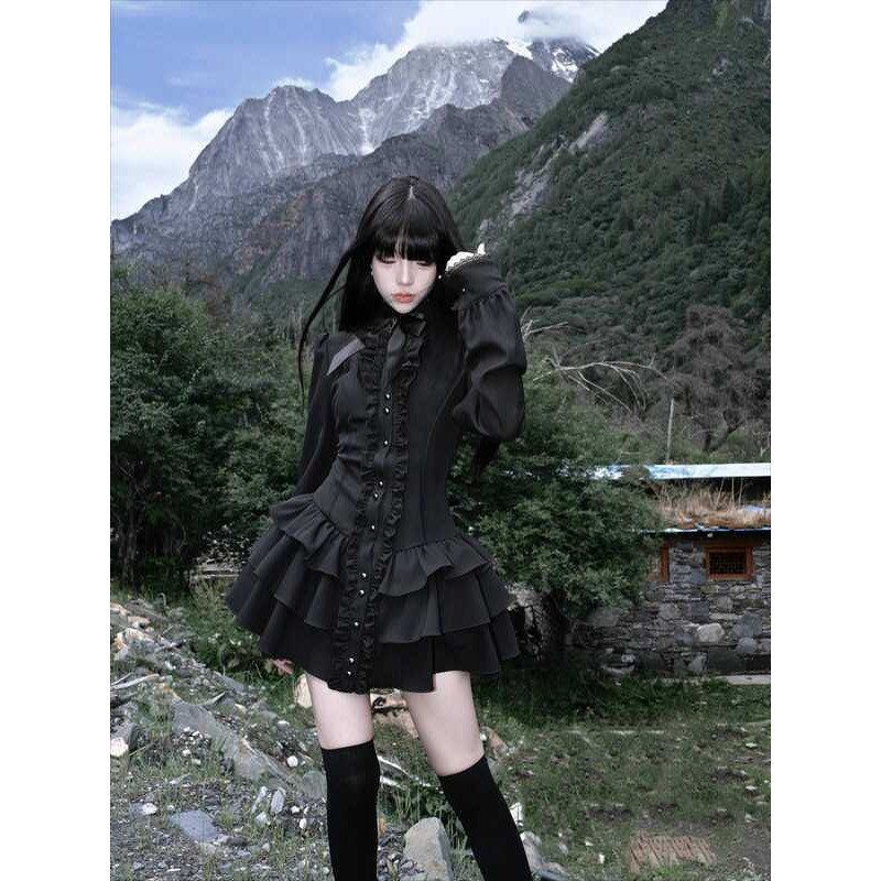 C Gothic Vintage Lace Y2k Mini Dress Women Design Streetwear Black Lolita Slim Dress Long Sleeve El