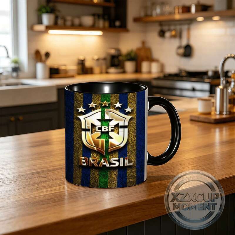 Brazil CBF Crest Mug Blue Gold Stripes with Five Stars & "BRASIL" Text - National Pride Cup Q8w3e