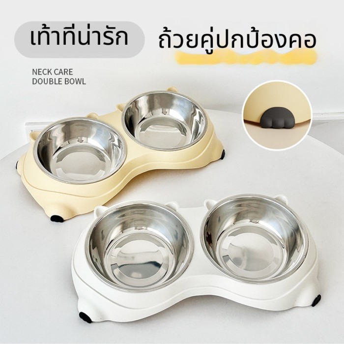 ชามสัตว์เลี้ยงสแตนเลสกันลื่นป้องกันการพลิกคว่ําการรั่วไหลแมวชามคู่