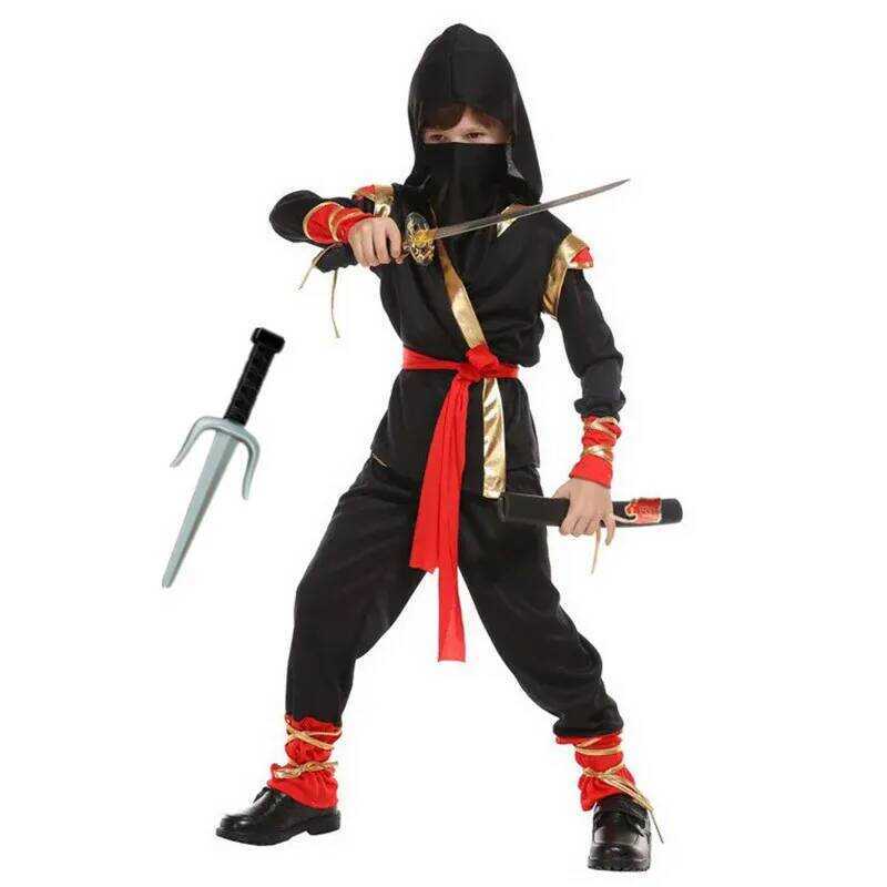 C 3-12Y Kids Ninja Samurai Cosplay Co With Red Sword And Fork Full Set Japanese Warrior Cosplay Hal